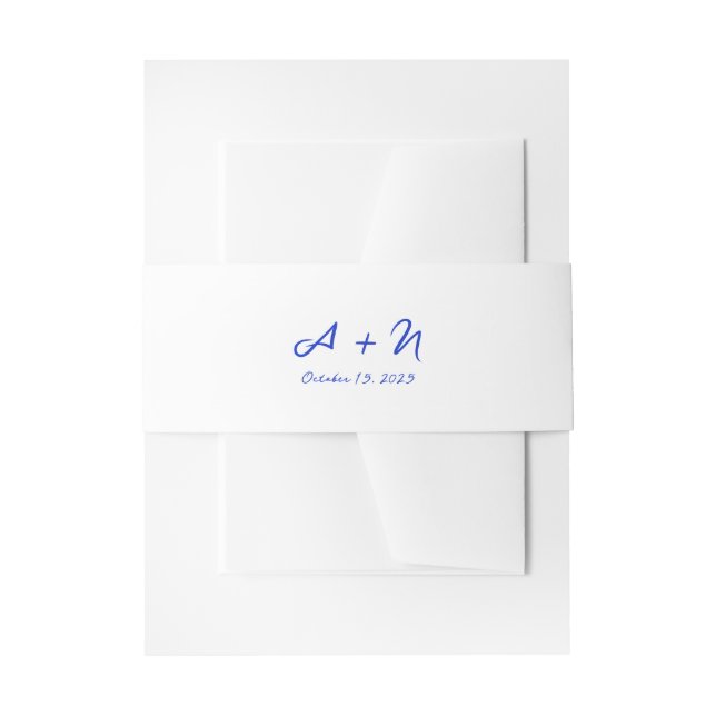Bright Blue Monogram Handwritten Font Wedding Invitation Belly Band (Front Example)