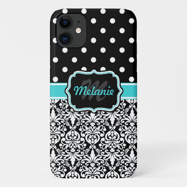 Bright Blue Monogrammed Damask Polka Dots Pattern Case-Mate iPhone Case (Back)