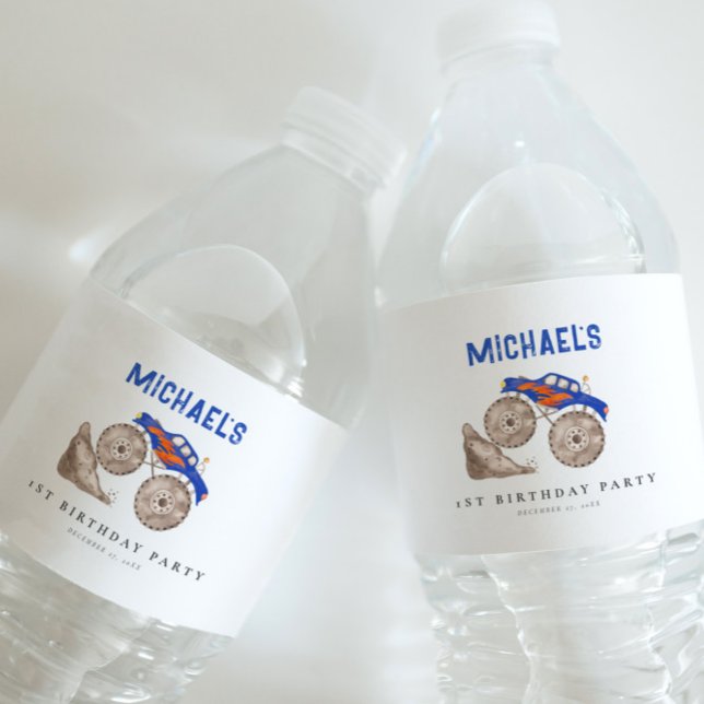 Bright Blue Monster Truck Paper Napkin Water Bottle Label (Creator Uploaded)