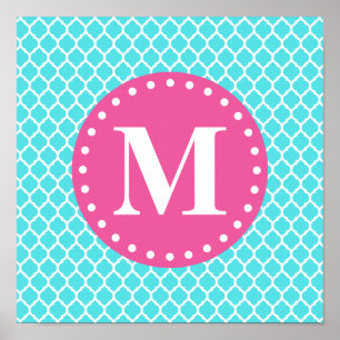 Bright Blue Moroccan Lattice Pink Monogram Poster
