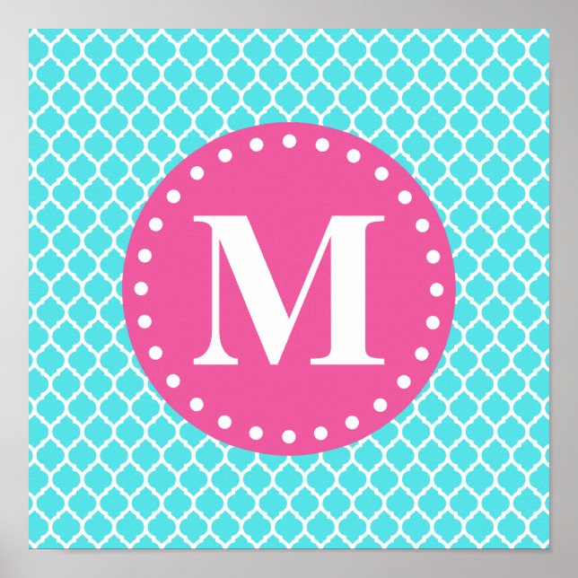 Bright Blue Moroccan Lattice Pink Monogram Poster (Front)