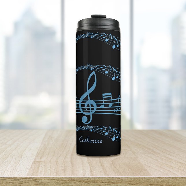 Bright Blue Music Notes on Black Thermal Tumbler (Creator Uploaded)