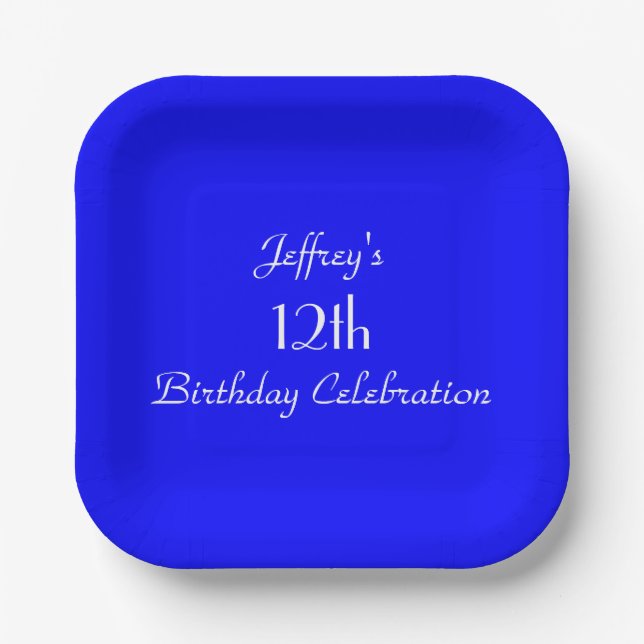 Bright Blue, Name, 12th Birthday Party Square Paper Plate (Front)
