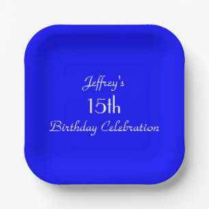 Bright Blue, Name, 15th Birthday Party Square Paper Plate