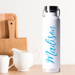 Bright Blue Name Handwritten Script Custom Water Bottle<br><div class="desc">A beautiful bright blue personalised monogram water bottle for a girl or guy who loves simple,  handwritten gifts. Beautiful cursive script down the side of your bottle spelling out your name.</div>