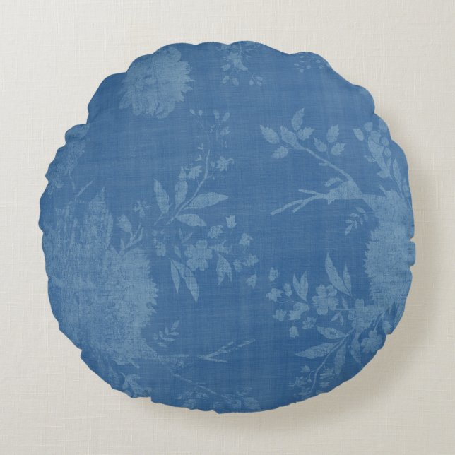 Bright Blue on Blue Floral Pattern Round Cushion (Front)