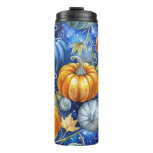 BRIGHT BLUE & ORANGE FALL AUTUMN PUMPKINS THERMAL TUMBLER