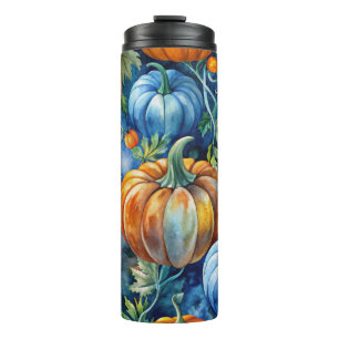 BRIGHT BLUE & ORANGE FALL AUTUMN PUMPKINS THERMAL TUMBLER
