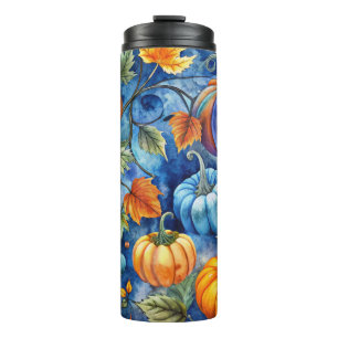 BRIGHT BLUE & ORANGE FALL AUTUMN PUMPKINS THERMAL TUMBLER