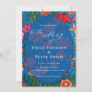 Bright Blue Orange Hand Drawn Floral Wedding Invitation