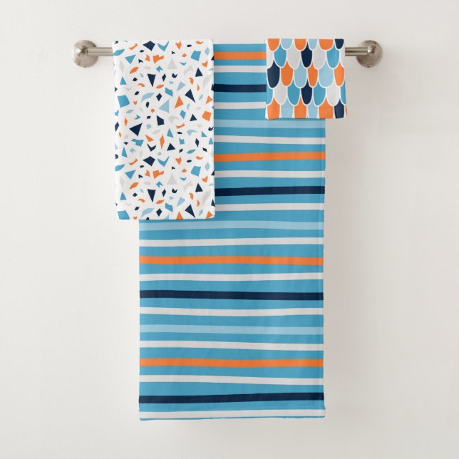 BRIGHT BLUE ORANGE WHITE PATTERNS BATH TOWEL SET (Insitu)