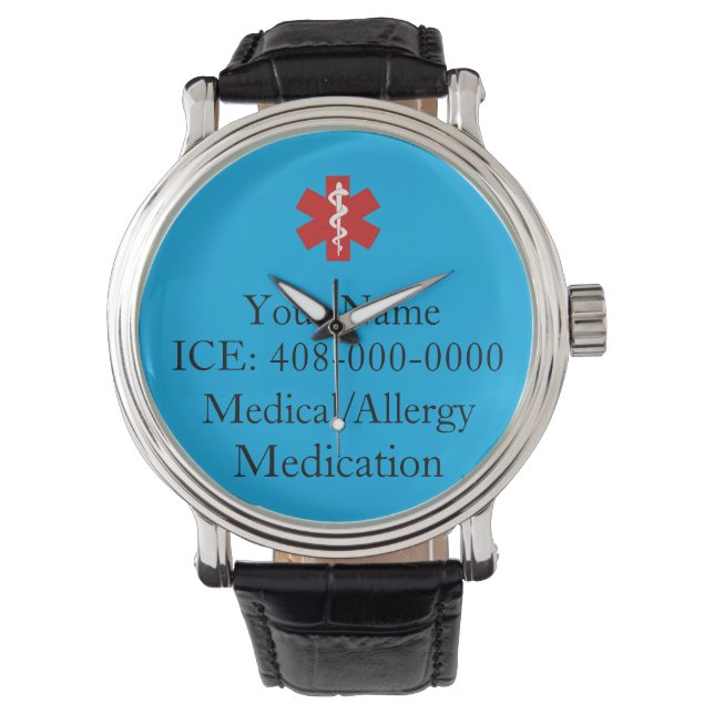 Bright Blue Personalised Medical ID  Watch (Front)