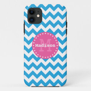 Bright Blue Pink Chevron Zigzag Monogram iPhone 11 Case