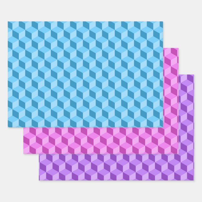 BRIGHT BLUE PINK PURPLE GEOMETRIC CUBE PATTERNS WRAPPING PAPER SHEET (Set)