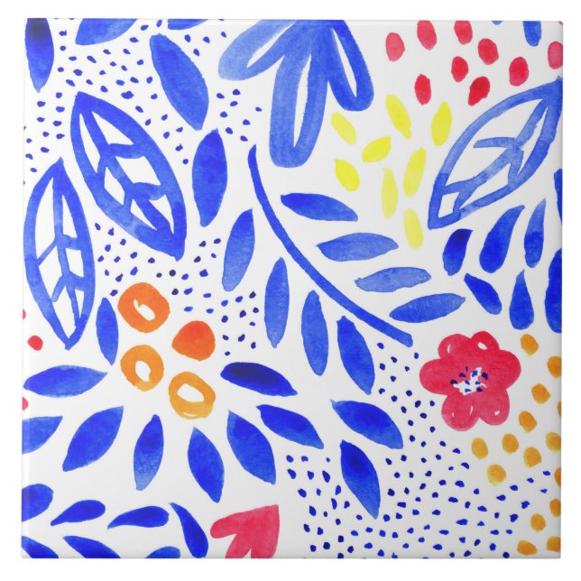 Bright Blue Pink Spring Floral Pattern Ceramic Tile (Front)