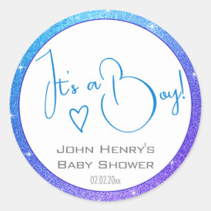 Bright Blue Purple Glitter Stars Frame Baby Shower Classic Round Sticker