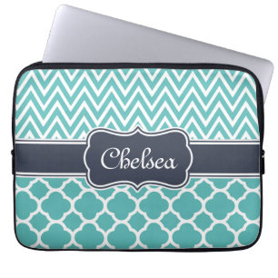 Bright Blue Quatrefoil Chevron Patterns Navy Name Laptop Sleeve