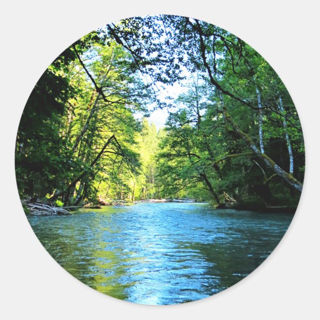 Bright Blue River Under Green Trees in Washington Classic Round Sticker (Front)