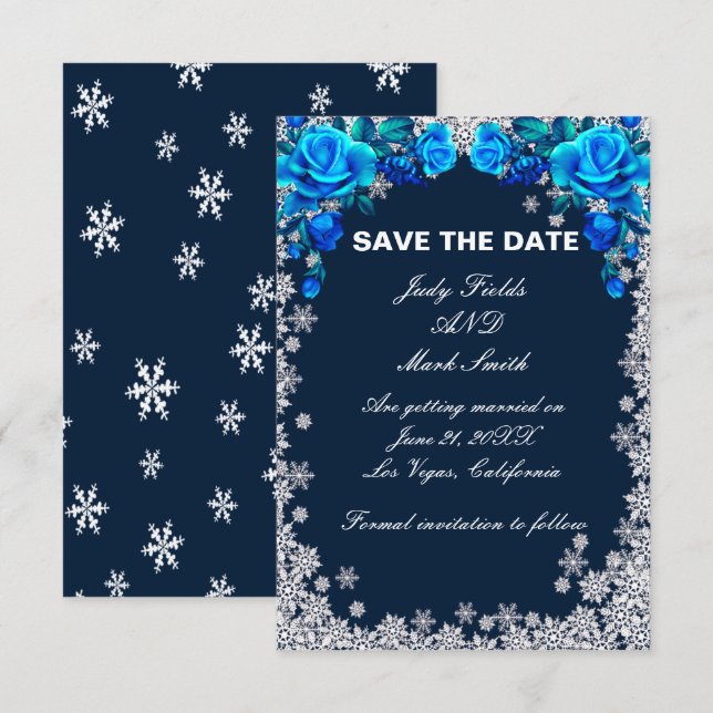 Bright Blue Rose Snowflake Christmas Save The Date (Front/Back)