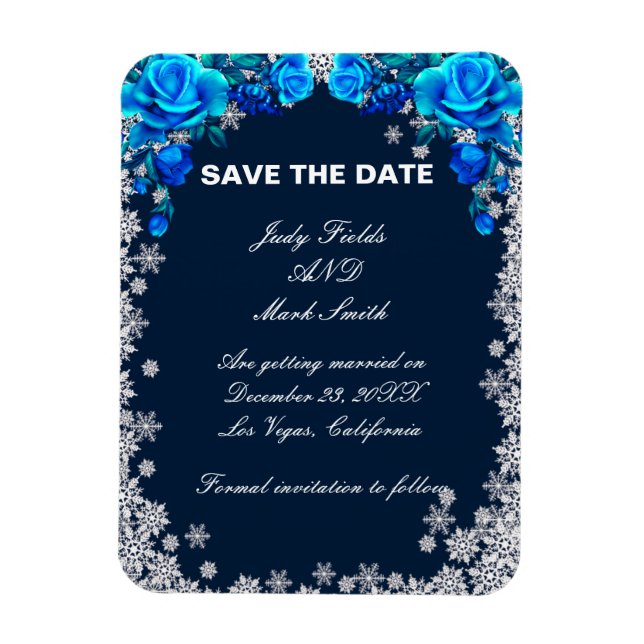 Bright Blue Rose Snowflake Christmas Save The Date Magnet (Vertical)