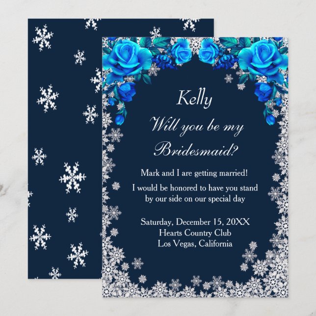 Bright Blue Roses Snowflake Christmas Bridesmaid Invitation (Front/Back)