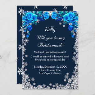 Bright Blue Roses Snowflake Christmas Bridesmaid Invitation