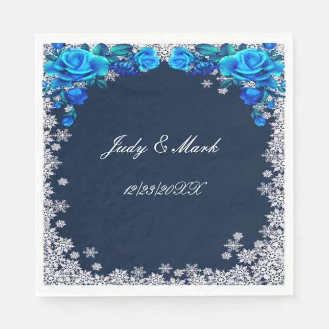 Bright Blue Roses Snowflake Christmas Napkin (Front)