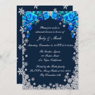 Bright Blue Roses Snowflake Rehearsal Dinner Invitation