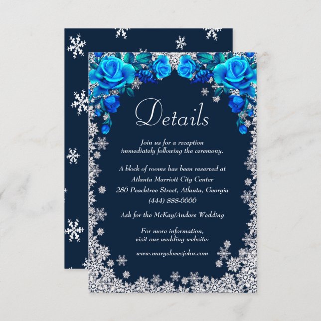 Bright Blue Roses Snowflake Wedding Details Enclosure Card (Front/Back)