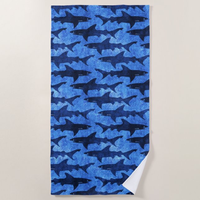 Bright Blue School of Sharks Spring Break Beach Towel (Front)