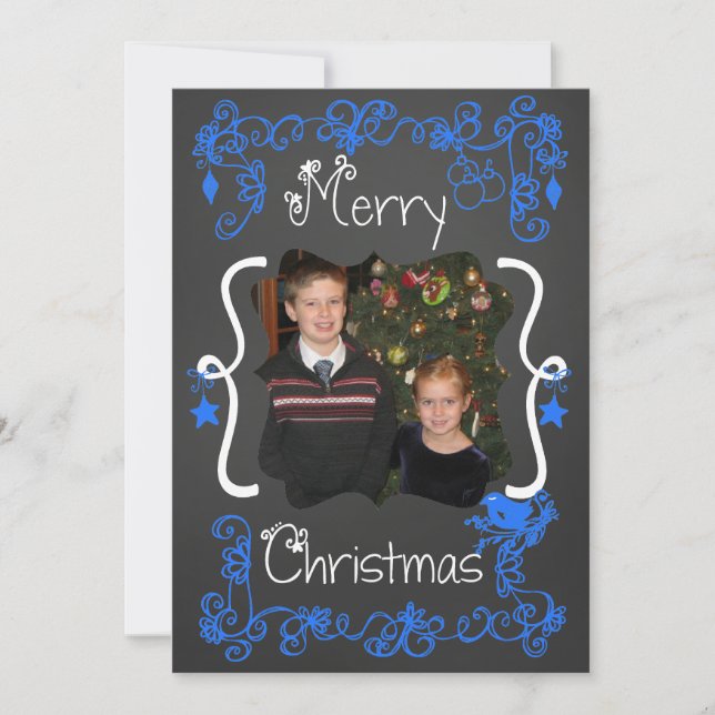 Bright Blue Scrolls Customised Photo Holiday Card (Front)