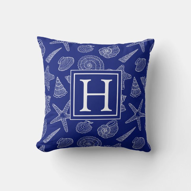 Bright Blue Shell Pattern | Add Your Initial Cushion (Front)