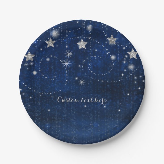Bright Blue & Silver Starry Celestial Party Paper Plate (Front)