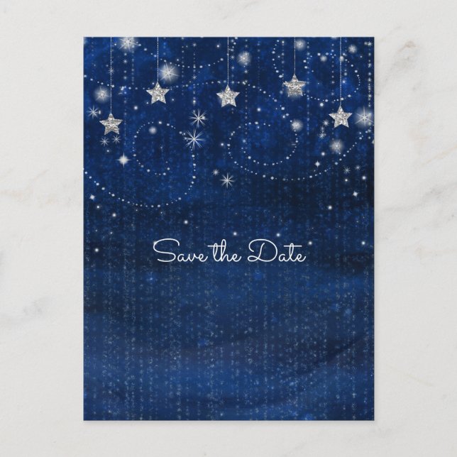 Bright Blue & Silver Starry Whimsical Celestial Announcement Postcard (Front)