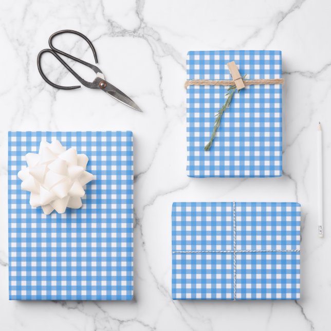 Bright Blue Simple Plaid Wrapping Paper Sheet (Front)
