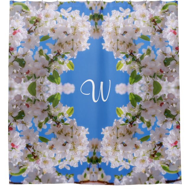 Bright Blue Skies, White Apple Blossoms Monogram Shower Curtain (Front)