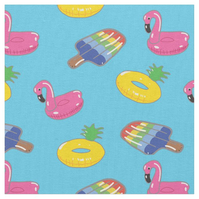 Bright Blue Summer Pool Floats Patterned Fabric (Close Up)