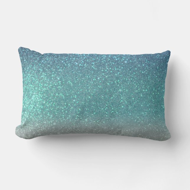 Bright Blue Teal Sparkly Glitter Ombre Gradient Lumbar Cushion (Front)
