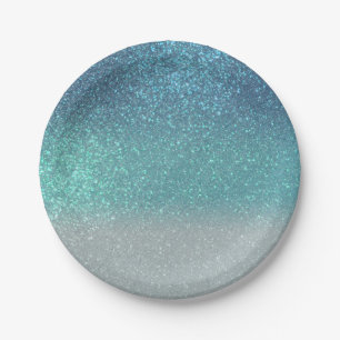 Bright Blue Teal Sparkly Glitter Ombre Gradient Paper Plate