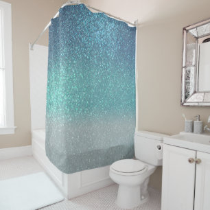 Bright Blue Teal Sparkly Glitter Ombre Gradient Shower Curtain