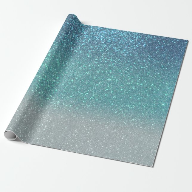 Bright Blue Teal Sparkly Glitter Ombre Gradient Wrapping Paper (Unrolled)