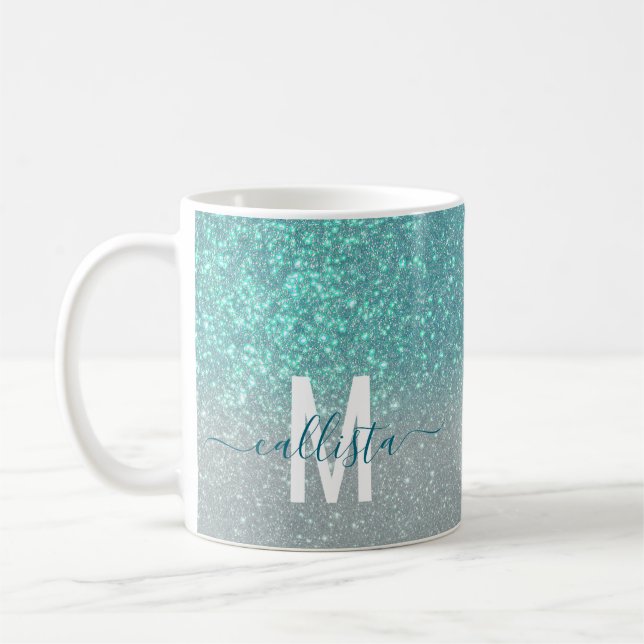 Bright Blue Teal Sparkly Glitter Ombre Monogram Coffee Mug (Left)