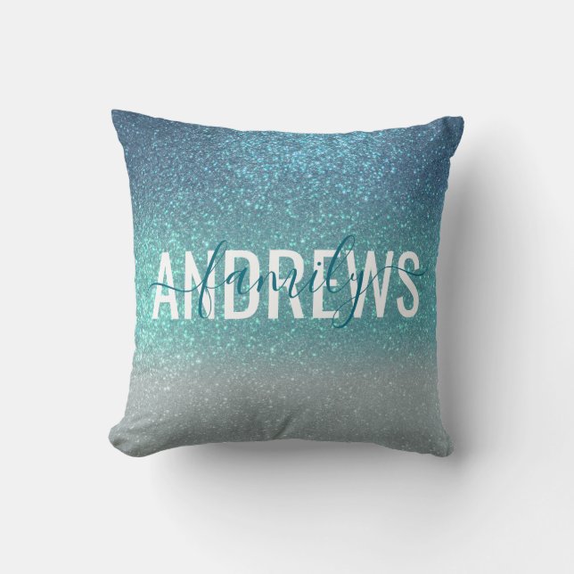 Bright Blue Teal Sparkly Glitter Ombre Monogram Cushion (Front)