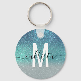 Bright Blue Teal Sparkly Glitter Ombre Monogram Key Ring