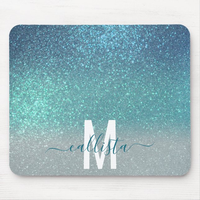 Bright Blue Teal Sparkly Glitter Ombre Monogram Mouse Pad (Front)