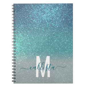 Bright Blue Teal Sparkly Glitter Ombre Monogram Notebook