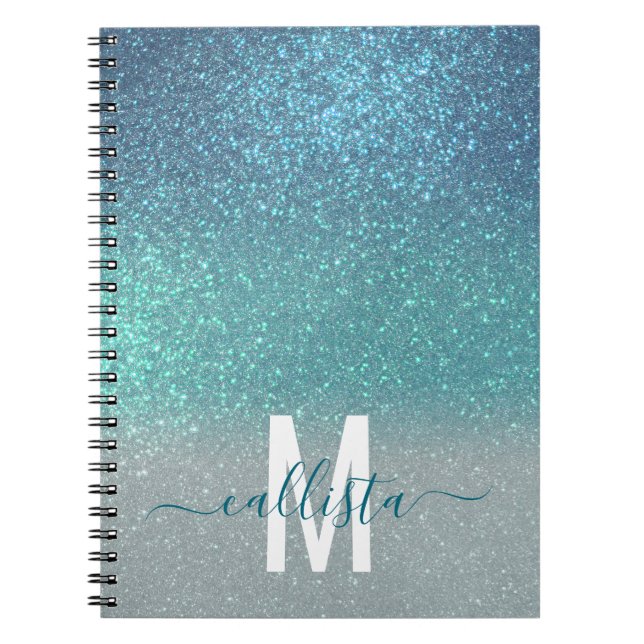 Bright Blue Teal Sparkly Glitter Ombre Monogram Notebook (Front)