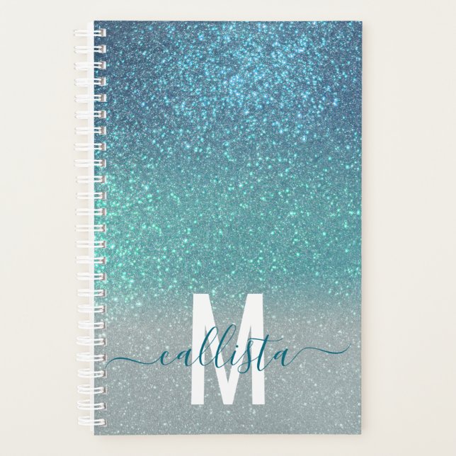 Bright Blue Teal Sparkly Glitter Ombre Monogram Planner (Front)