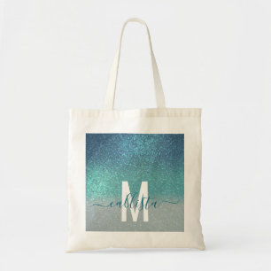 Bright Blue Teal Sparkly Glitter Ombre Monogram Tote Bag