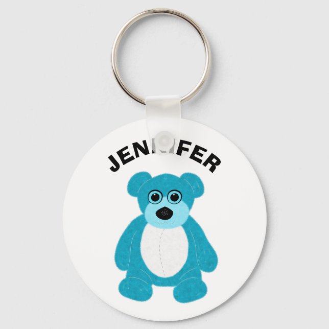 Bright Blue Teddy Bear Graphic Personalised Key Ring (Front)